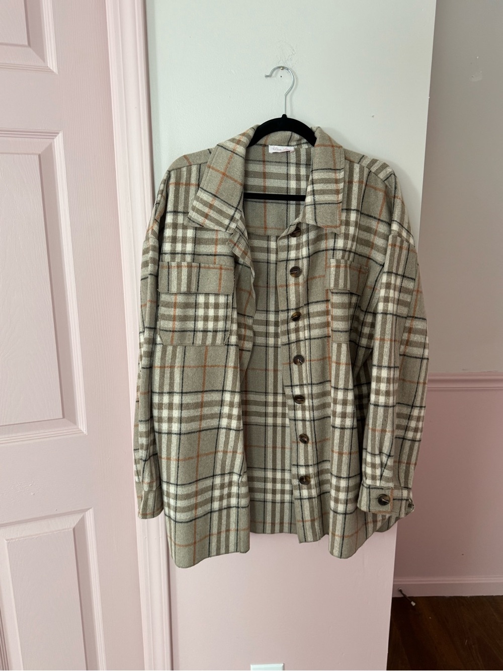 Pink Lily Plaid Utility Shacket in Beige and Cream